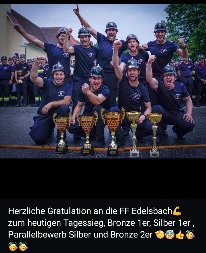 Eine Gruppe von Feuerwehrleuten in blauen Uniformen und Helmen posiert mit goldenen Pokalen. Sie feiern einen Sieg, wahrscheinlich bei einem Wettbewerb, wie die Pokale und die freudigen Gesichtsausdrücke zeigen.