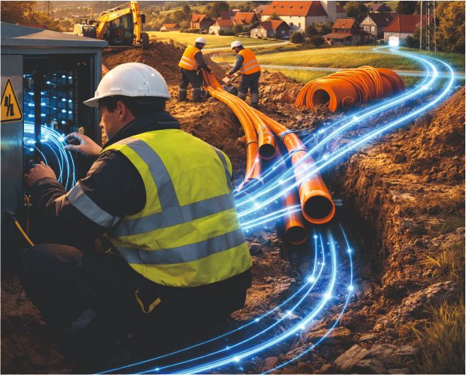 Arbeiter in Sicherheitsausrüstung arbeiten an unterirdischen Versorgungsleitungen. Ein Mann repariert Kabel, während andere Rohre handhaben. Hellblaue Linien repräsentieren Konnektivität.