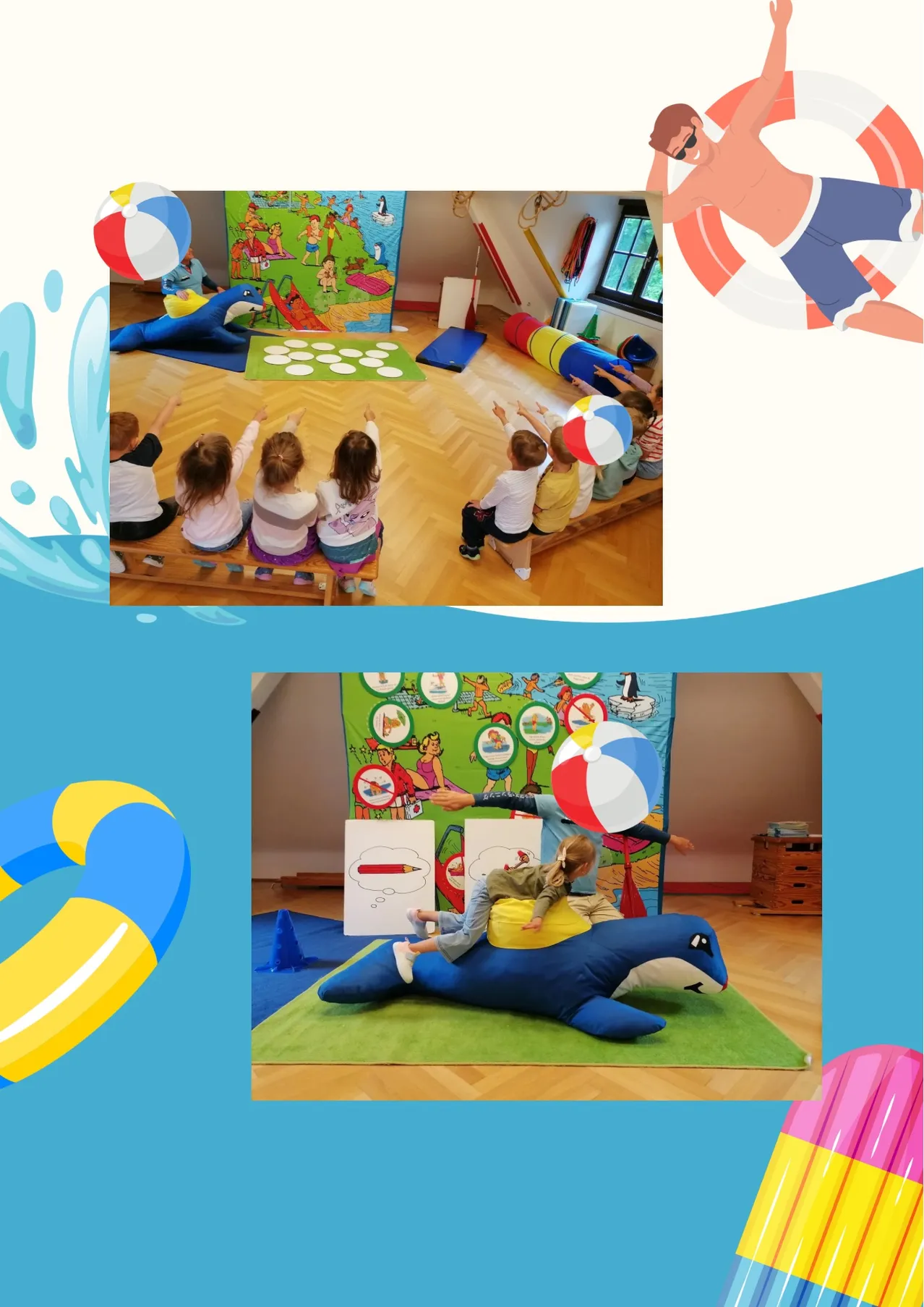 Zwei Bilder zeigen Kinder, die in einem Klassenzimmer spielen. Ein Kind reitet auf einem Wal, während ein anderes einen Ball wirft.