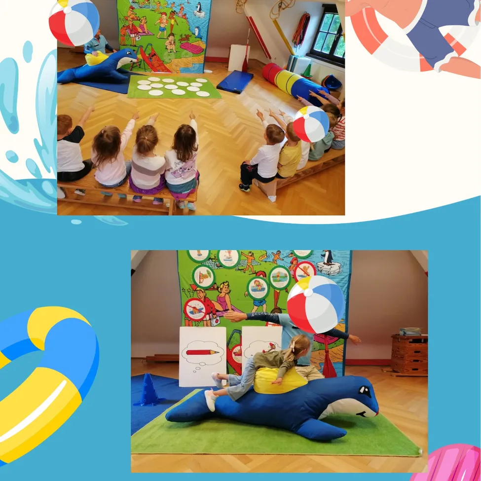 Zwei Bilder zeigen Kinder, die in einem Klassenzimmer spielen. Ein Kind reitet auf einem Wal, während ein anderes einen Ball wirft.