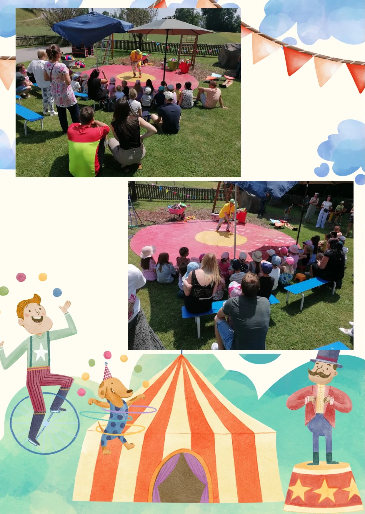 Eine Collage einer Zirkusszene mit Clowns, Kindern auf dem Gras und einem bemalten Zirkuszelt. Es gibt auch Illustrationen eines Clowns auf einem Einrad und eines Hundes.