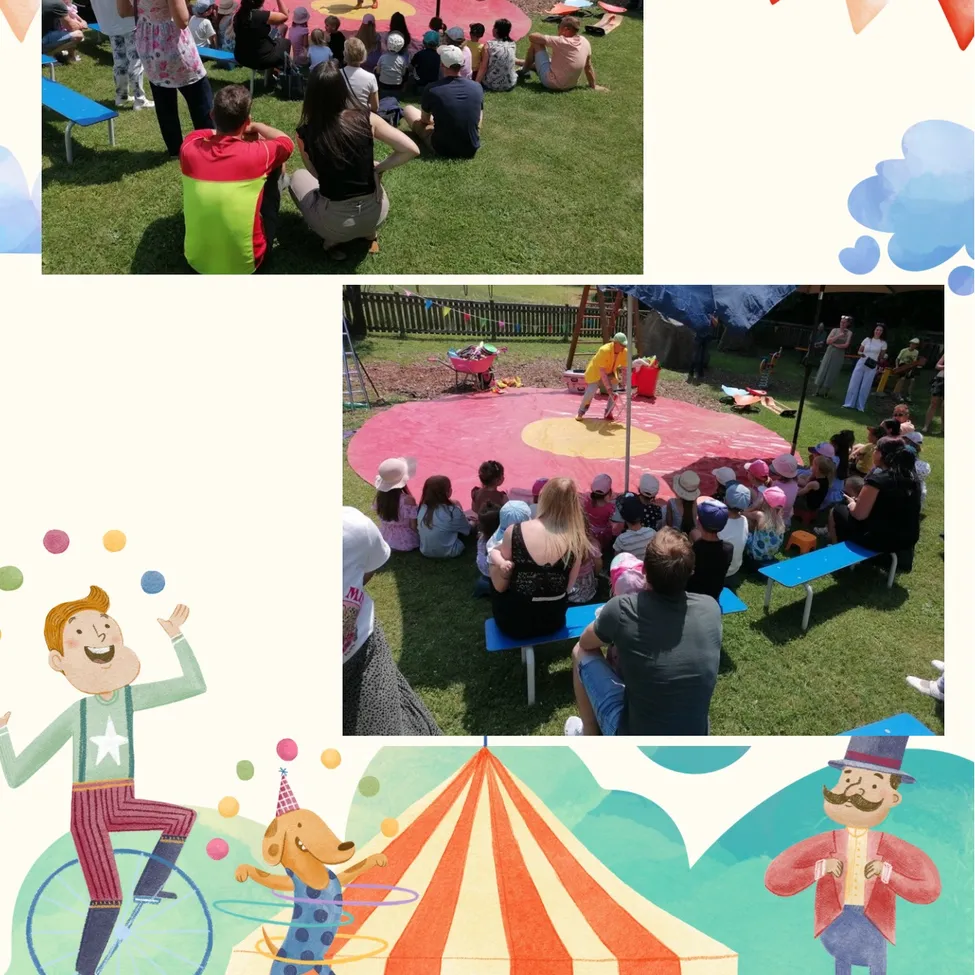 Eine Collage einer Zirkusszene mit Clowns, Kindern auf dem Gras und einem bemalten Zirkuszelt. Es gibt auch Illustrationen eines Clowns auf einem Einrad und eines Hundes.