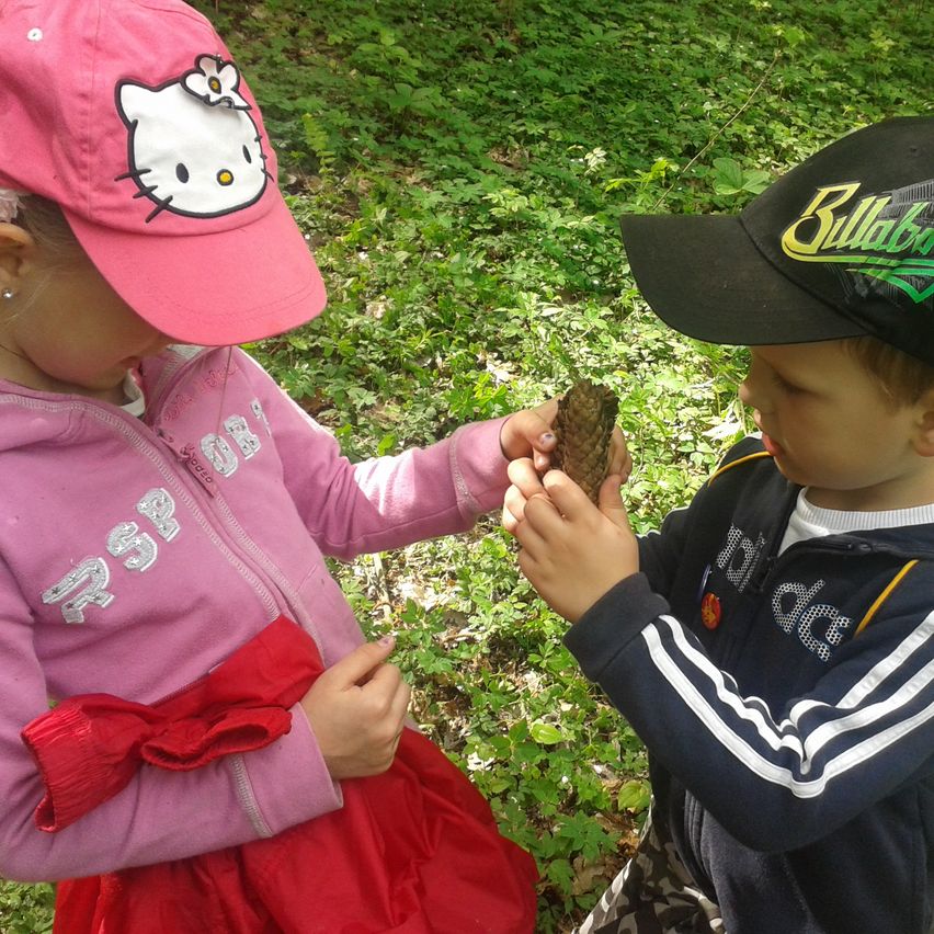 Two kids outdoors, a girl in a pink jacket and a boy in a black and yellow jacket, examine a pine cone together.