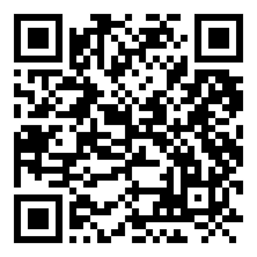 A black and white QR code with a grid pattern and an empty center space.