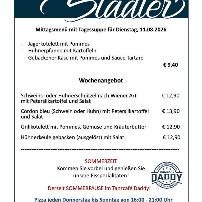 Menü für Dienstag, 11. August 2026, mit Mittagsangeboten wie Jägerkotelett mit Pommes, Hühnerpfanne mit Kartoffeln und gebackener Käse mit Pommes und Sauce Tartare sowie wöchentlichen Spezialitäten mit verschiedenen Fleisch- und Gemüsegerichten.
