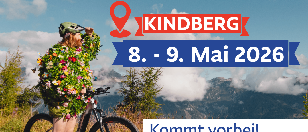 Ein Poster für die Hausmesse bei Intersport Kindberg Bruck am 8. bis 9. Mai 2026. Ein Radfahrer in einem Blumenoutfit posiert mit einem Fahrrad.
