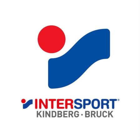 Das Logo für Intersport Kindberg Bruck, mit einer blauen Welle und einem roten Kreis oben. Der Text steht in rot und blau und lautet 'Intersport Kindberg Bruck'.