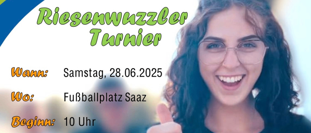 Poster für ein Reisnudel-Turnier am 28.06.2025 auf dem Fußballplatz in Saaz, Beginn 10 Uhr. Anmeldeschluss ist der 20.06.2025. Kontakt per Telefon oder WhatsApp. Team von 5 Spielern, Startgebühr 40 Euro.