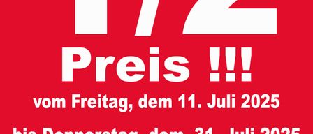 Ein rotes Plakat bewirbt einen Verkauf mit 50% Rabatt vom Freitag, 11. Juli 2025, bis Donnerstag, 31. Juli 2025. Ausgenommen sind bestimmte Marken. Besuchen Sie Schuh & Sport für Details.