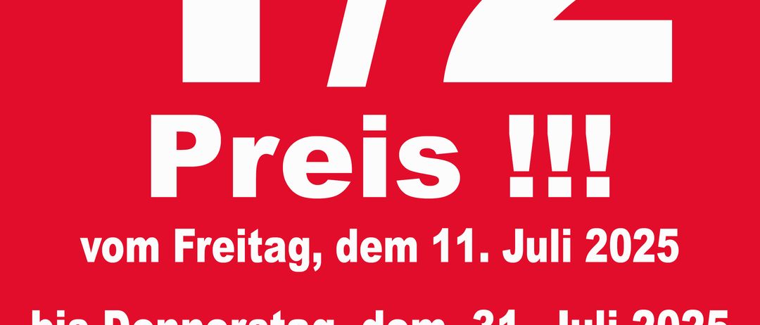 Ein rotes Plakat bewirbt einen Verkauf mit 50% Rabatt vom Freitag, 11. Juli 2025, bis Donnerstag, 31. Juli 2025. Ausgenommen sind bestimmte Marken. Besuchen Sie Schuh & Sport für Details.