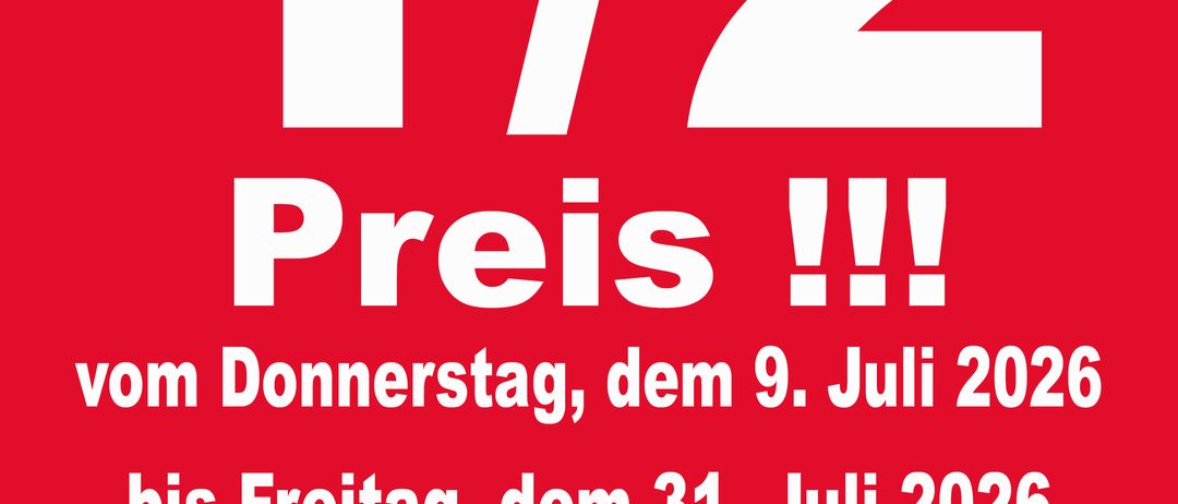 Ein rotes Schild bewirbt einen Verkauf mit 50% Rabatt vom Donnerstag, dem 9. Juli 2026, bis Freitag, dem 31. Juli 2026, bei Schuh & Sport Bartsch.