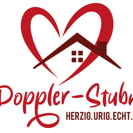 Logo für ein Unternehmen namens Doppler-Stubn. Es zeigt ein rotes Herz mit einem Haus in der Mitte und dem Text 'Doppler-Stubn' darunter. Der Slogan 'Herzig. Urig. Echt.' steht unter dem Firmennamen.