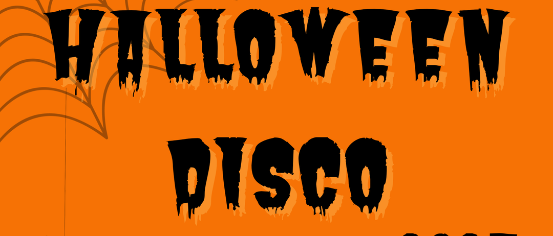 Halloween Disco 2025 Plakat mit Spinne und Spinnwebe, SV TIESCHE Logo und Eintrittspreise für den 31. Oktober.