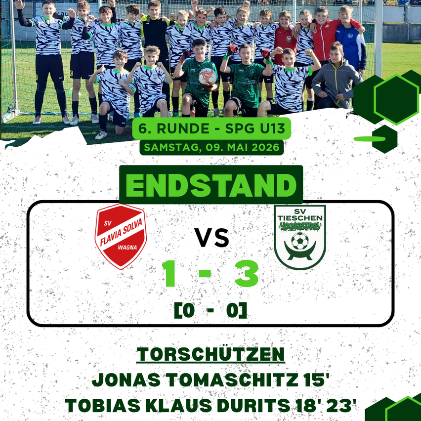 Spieltag 6, Samstag, 9. Mai 2026. Endstand: Flavia Solva gegen SV Tieschen U13, 1-3. Jonas Tomaschitz traf in der 15., Tobias Klaus Durits in der 18. und 23. Minute.