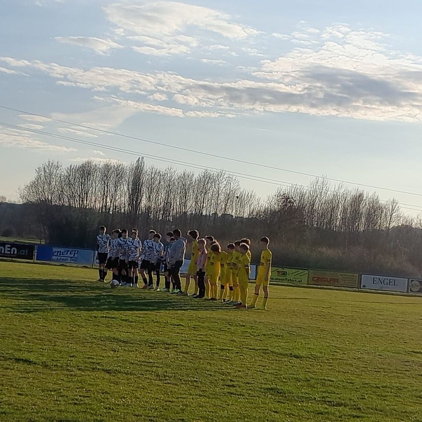 Eine Fußballmannschaft versammelt sich auf einem Feld, umgeben von einem Zaun mit Werbebannern, unter einem teilweise bewölkten Himmel.