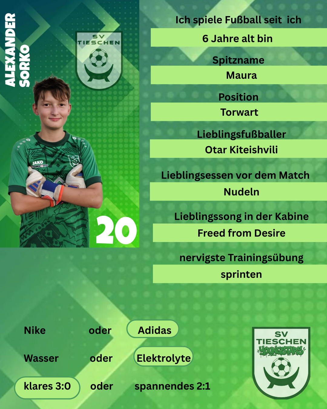 Ein Spieler mit der Nummer 20 ist auf grünem Hintergrund abgebildet. Der Name des Spielers ist Maura, und er ist Torwart. Sein Lieblingsfußballspieler ist Otar Kiteishvili. Vor dem Spiel hört er gerne 'Freed from Desire'.