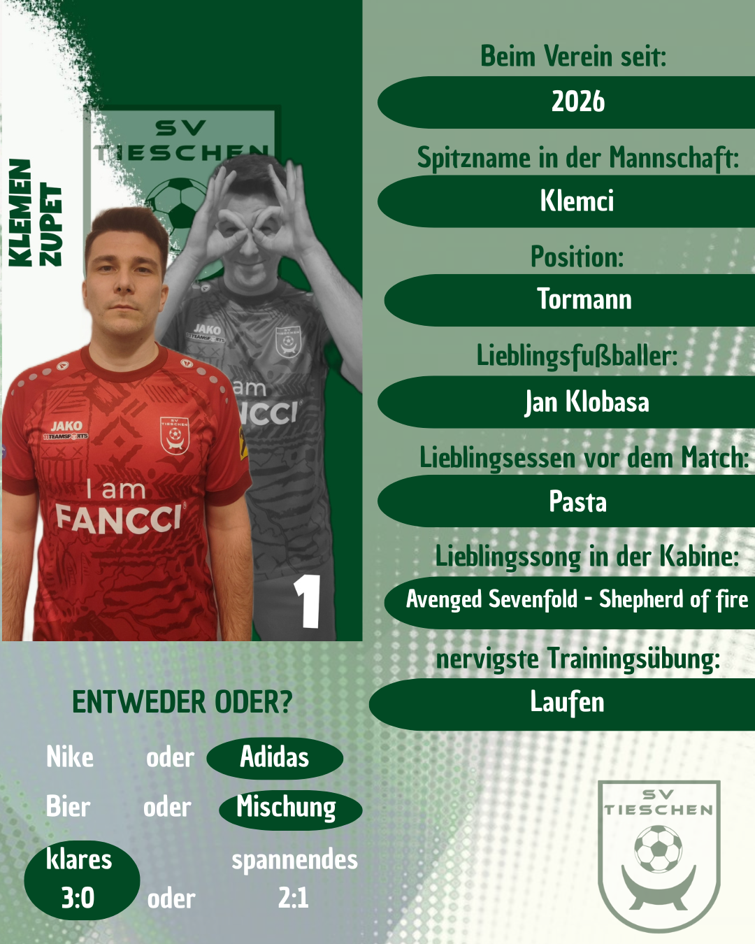 A promotional poster for a soccer player features a man in a red jersey with the text 'I am FANCCI'. The poster also includes various personal details about the player such as his favorite food, song, and training routine.