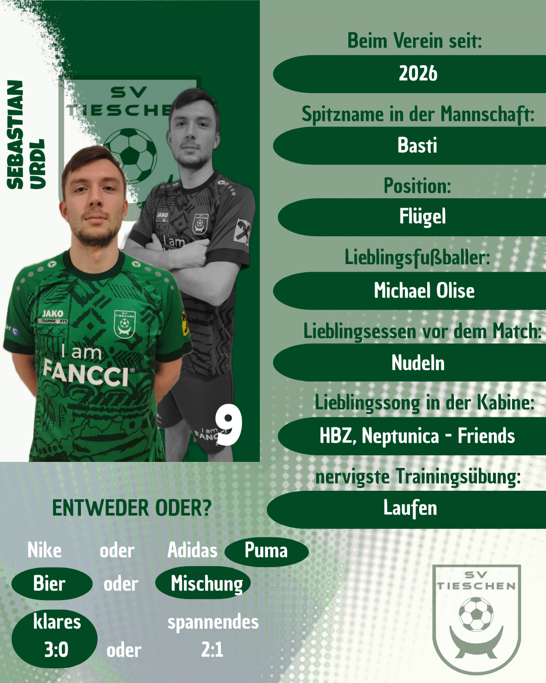 A promotional poster for a soccer player named Sebastian Urdl, featuring a photo of him in a green soccer jersey with the text 'I am FANCCI', along with some personal information and preferences.