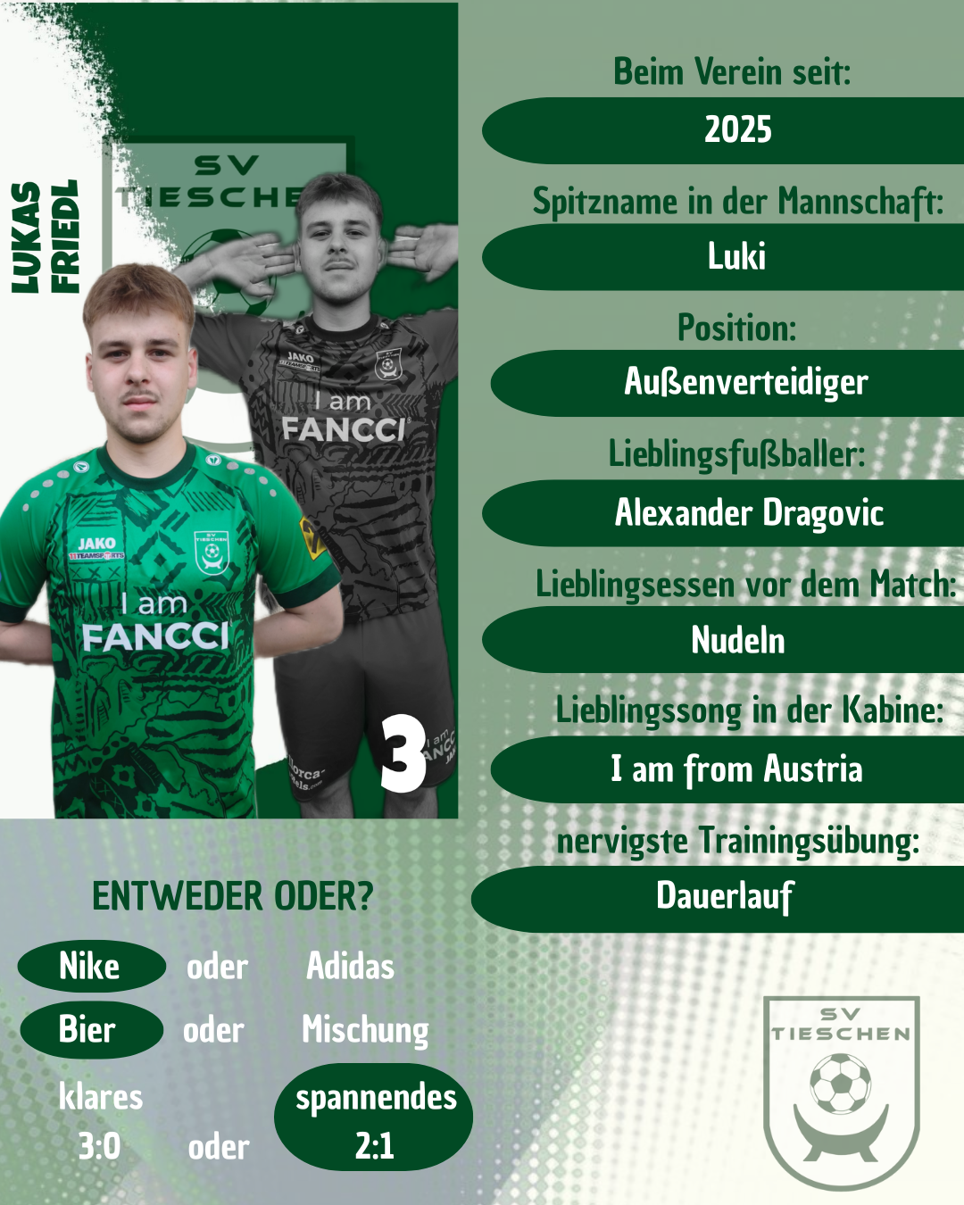 A promotional poster for a soccer player named Lukas Friedel, featuring his jersey number 3, favorite soccer player Alexander Dragovic, and favorite song I am from Austria.
