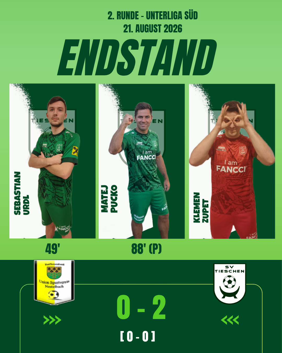 Drei Fußballspieler in verschiedenen Trikotfarben werden mit ihren Punkten angezeigt. Sebastian Urdl erzielte in der 49.', Matej Pucko in der 88. und Klemen Zupet zu einem unbekannten Zeitpunkt. Das Endergebnis lautet 0-2.