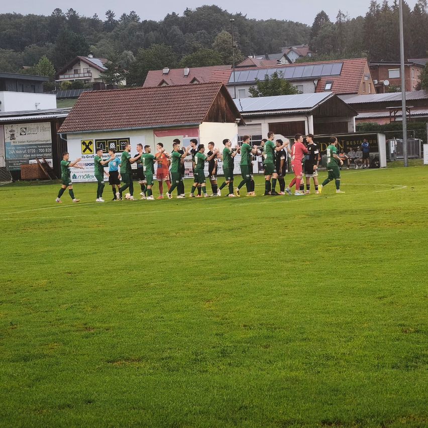 Eine Fußballmannschaft in grünen Uniformen steht in einer Reihe auf einem Rasenfeld. Hinter ihnen befinden sich Gebäude mit Solarmodulen auf den Dächern.