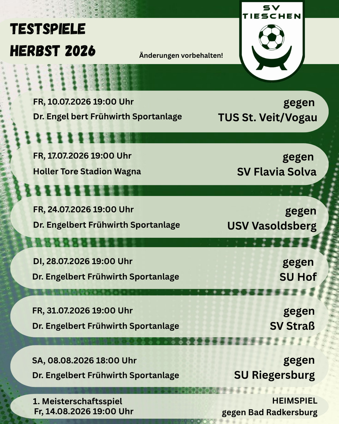 The image shows a soccer team's schedule for Fall 2026. Matches are scheduled against various teams.
