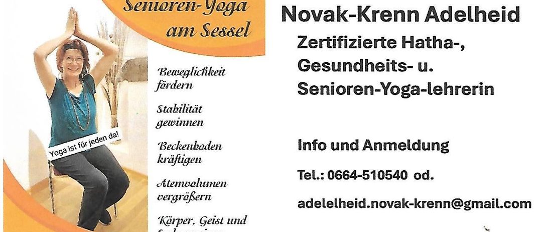 Eine Werbung für Novak-Krenn Senioren-Yoga am See, die Vorteile wie verbesserte Beweglichkeit, Stabilität und Lungenkapazität bewirbt. Kontaktinformationen und eine Website sind angegeben.