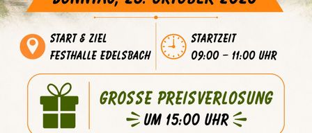 Steinbuehler Wandertag, Sonntag, 25. Oktober 2026. Start und Ziel Festhalle Edelsbach, 09:00-11:00. Große Preisverlosung um 15:00 Uhr. Auch Nichtwanderer herzlich willkommen!