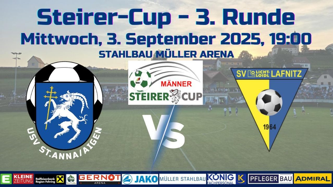 Das Plakat bewirbt die dritte Runde des steirischen Pokal-Fußballspiels, das für den 3. September 2025 im Stahlbau Müller Arena angesetzt ist. Die spielenden Mannschaften sind nicht explizit benannt, aber das Plakat zeigt einen Fußball, ein Stadion und ein Drachenwappen. Sponsoren und Partner sind unten aufgeführt.