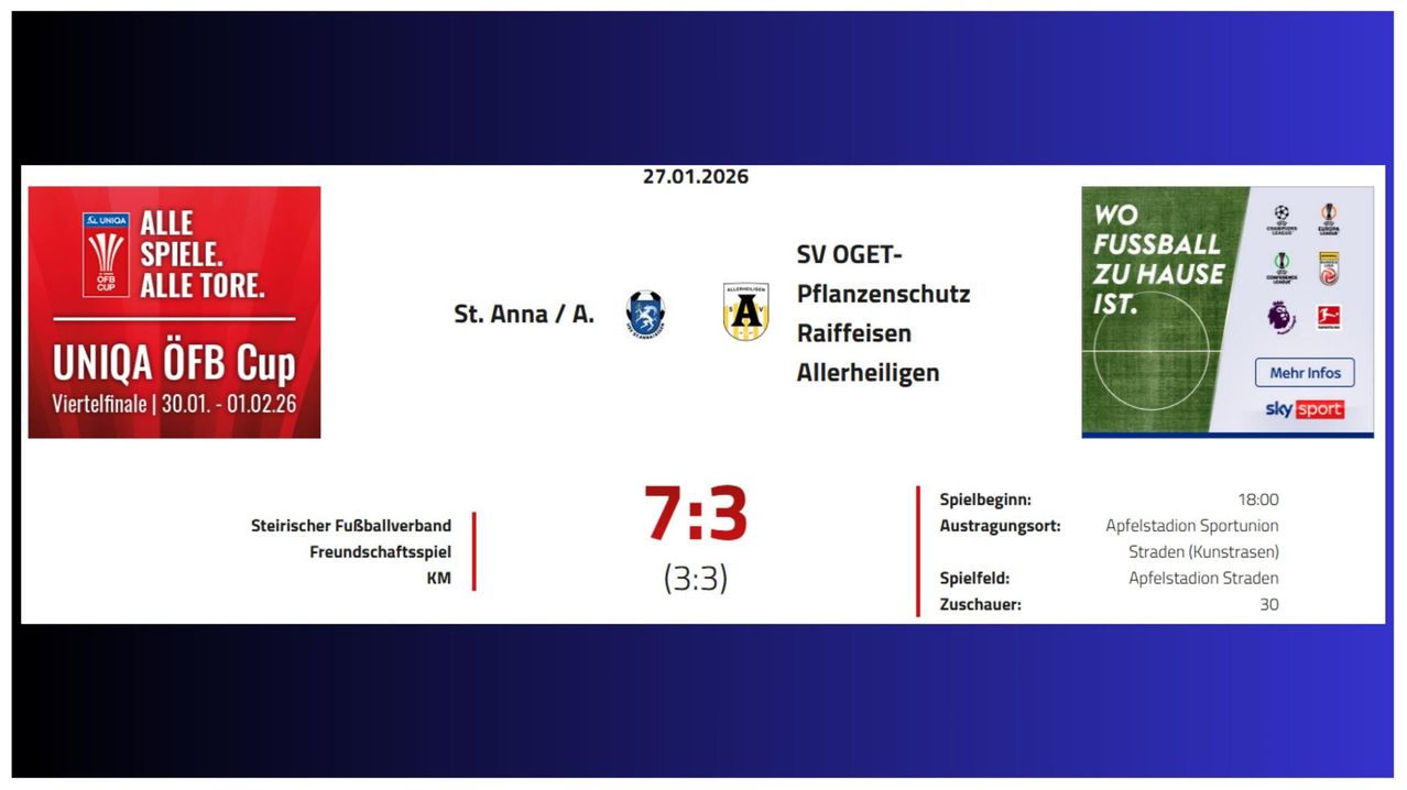 Ein Fußballspiel zwischen St. Anna und A. am 27.01.2026. Das Ergebnis war 7:3. Das Spiel begann bei KM.