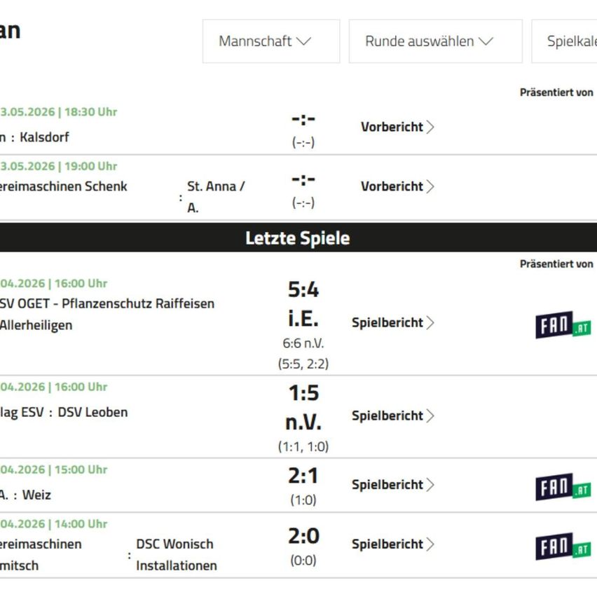 Ein Fußballspielplan zeigt, dass Kalsdorf und St. Anna/A. am 3. Mai 2026 um 18:30 und 19:00 Uhr spielen. Jüngste Spiele umfassen SV OGET gegen Pflanzenschutz Raiffeisen am 4. April 2026 um 16:00 Uhr.