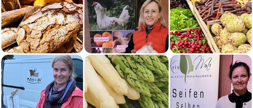 Eine Collage von Fotos, die eine lächelnde Frau in einer roten Weste mit einer Tasche, einem Nahaufnahme von Brot, einem Poster einer Henne und einem Bund Gemüse zeigt.