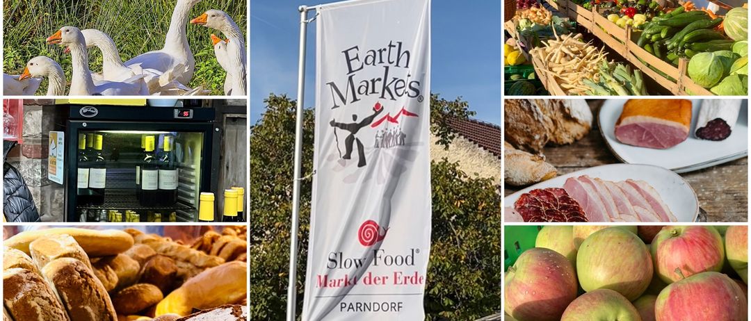 Eine Collage von Bildern mit dem Banner von Earth Market, lokalen Lebensmitteln, Gemüse und Obst. Das Banner zeigt den Markennamen und das Slow Food Logo.