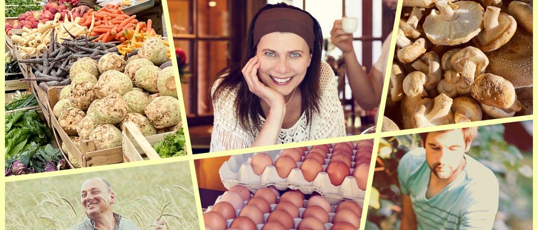 Eine Collage aus Bildern einer lächelnden Frau, frischem Gemüse, Eiern und einer Person, die eine Pflanze hält.