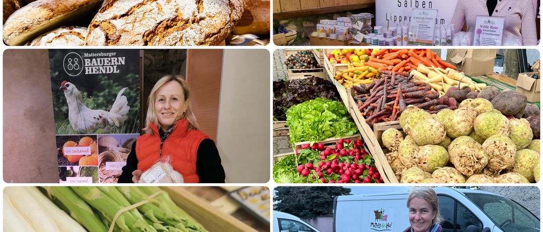 Eine Collage von Lebensmitteln, darunter Brot, Gemüse und eine lächelnde Frau mit einem Korb voller Gemüse. Ein Schild für 'Bauern Hendl' und ein Schild für 'Kris Naturkosmetik' sind ebenfalls zu sehen.