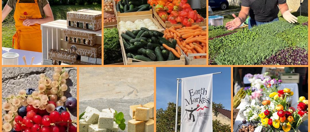 Eine Collage von Bildern, die frisches Obst und Gemüse, Käse, Blumen und einen Mann auf einem Markt zeigt. Das erste Bild zeigt eine Vielzahl von bunten Früchten und Gemüse. Das zweite Bild zeigt einen Mann mit einem Schild. Das dritte Bild zeigt eine Traube von Trauben und Beeren. Das vierte Bild zeigt ein Banner mit dem Text 'Earth Marks'. Das fünfte Bild zeigt einen Tisch mit Blumen und Nüssen.