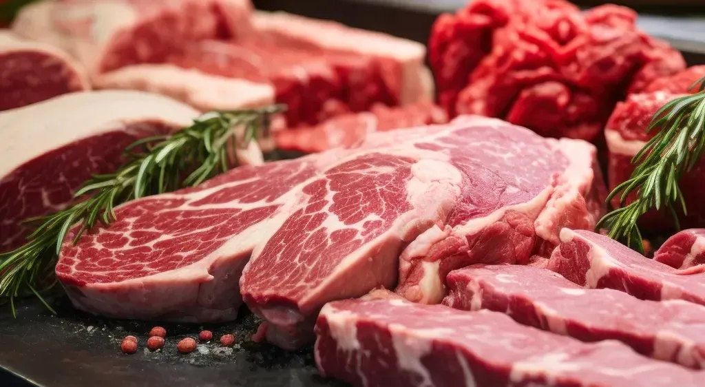 Rohes Rindfleisch ist auf einer dunklen Oberfläche angeordnet. Das Fleisch ist frisch und hat ein marmoriertes Aussehen. Einige Stücke sind teilweise mit Kräutern bedeckt.