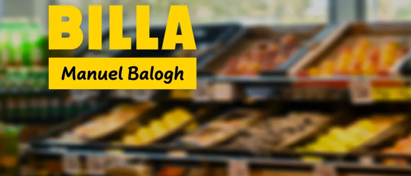 Ein verschwommenes Bild eines Marktes mit verschiedenen Obst- und Gemüsesorten in schwarzen Behältern. Das Wort 'LLA' ist prominent in Gelb angezeigt.