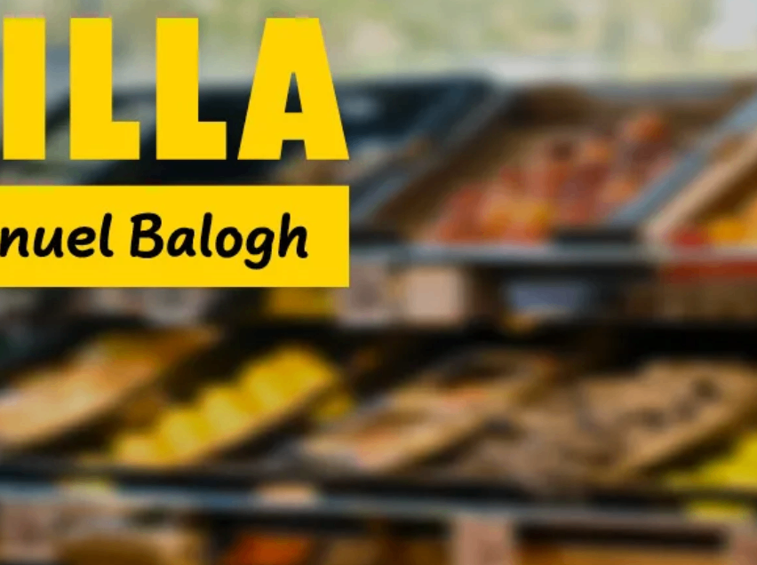 Ein verschwommenes Bild eines Marktes mit verschiedenen Obst- und Gemüsesorten in schwarzen Behältern. Das Wort 'LLA' ist prominent in Gelb angezeigt.