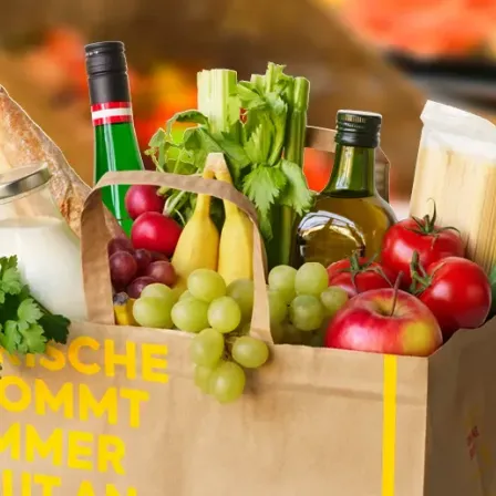 Ein brauner Papierbeutel ist mit verschiedenen Lebensmitteln gefüllt, darunter Brot, Wein, Trauben, Tomaten und Gemüse, und steht auf einem unscharfen Hintergrund. Der Text 'FRISCHE KOMMT IMMER GUT AN' ist auf dem Beutel gedruckt.