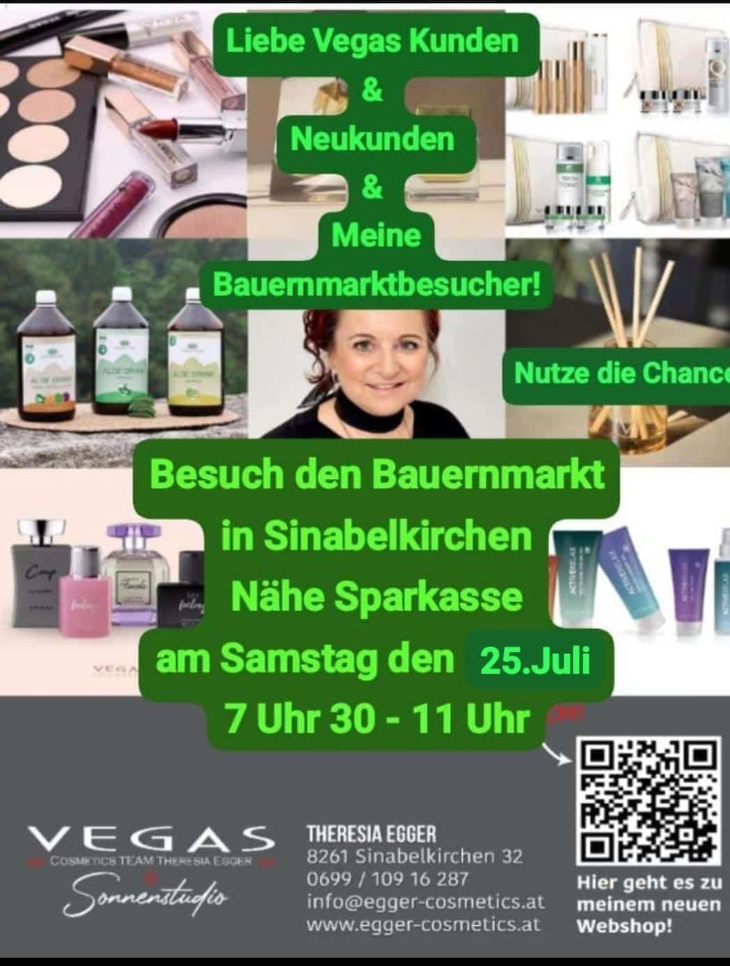 Werbung für einen Bauernmarkt in Sinabelkirchen mit einer Frau, verschiedenen Produkten und einem QR-Code. Das Event findet am 25. Juli von 7:30 Uhr bis 11 Uhr statt.