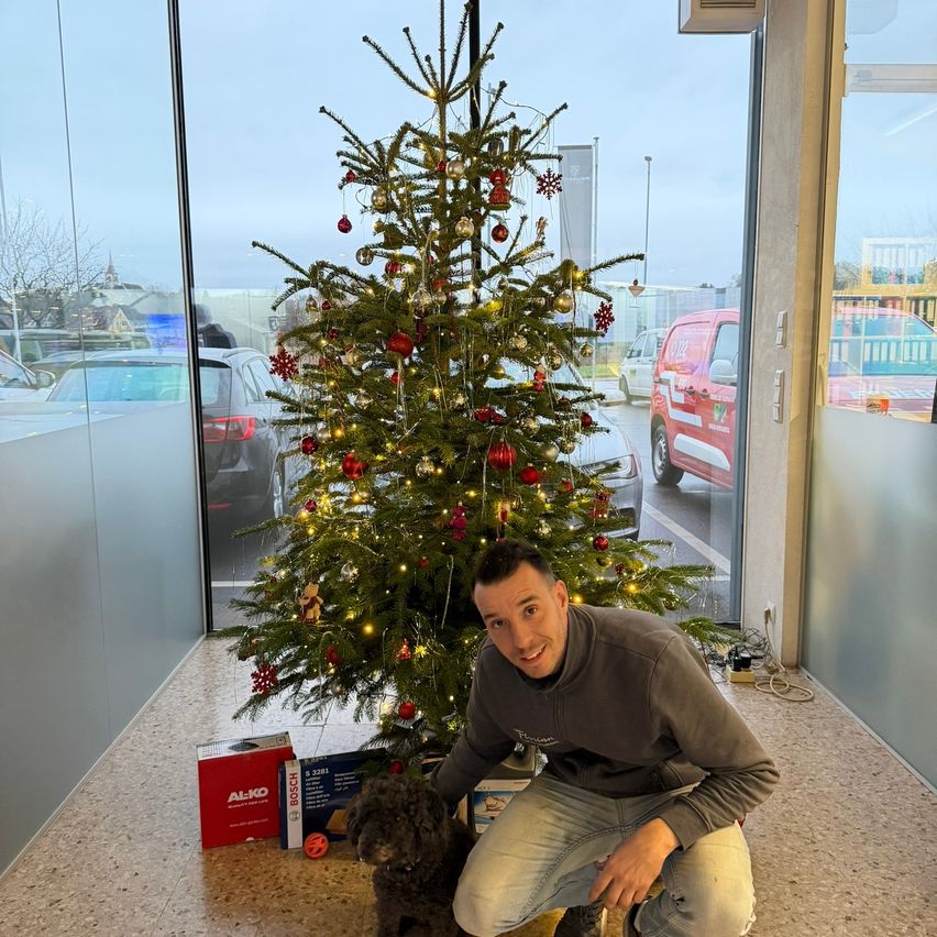 Ein Mann kniet neben einem Weihnachtsbaum mit seinem Hund in einem Gebäude mit großen Glaswänden. Boxen sind in der Nähe, und Autos sind durch die Fenster sichtbar.