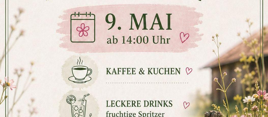 Plakat für Frühlingserwachen am 9. Mai um 14:00 Uhr mit Kaffee, Essen und Getränken vor malerischer Kulisse.
