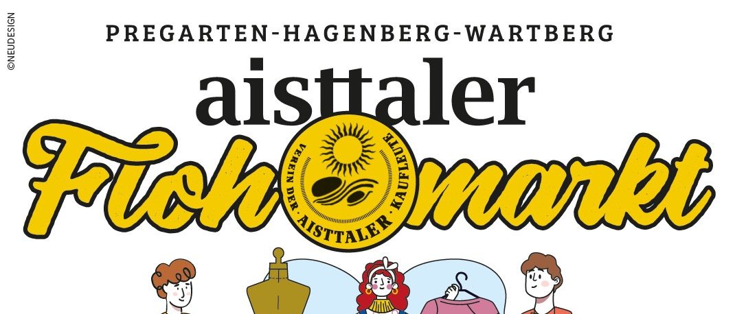 Plakat für den Fischmarkt in Aisttaler mit Illustrationen von einkaufenden Menschen und einem Datum vom 1. Mai 2026.