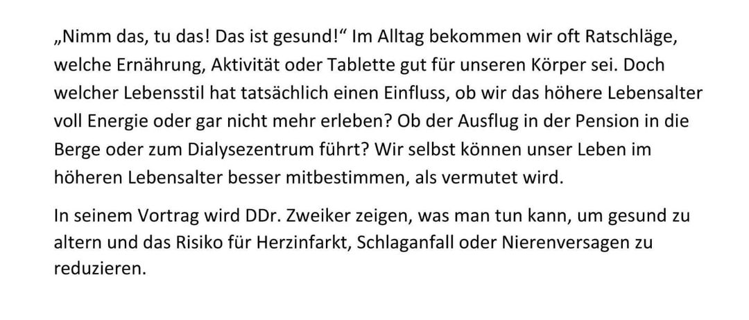 Einladung zum Vortrag über Herzgesundheit im Alter von Dr. David Zweiker am Samstag, 27.9.2025, um 18 Uhr im Kultursaal StraB. Es wird besprochen, wie Lebensstilentscheidungen die Langlebigkeit und das Risiko von Herzerkrankungen beeinflussen.