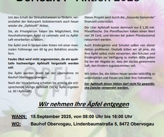 Ein Werbeflyer für Dorfsaft I - Aktion 2025 von der Marktgemeinde Strab in Steiermark. Der Flyer ermutigt Privatpersonen, ihre Äpfel zu sammeln und zur Apfelsaft-Aktion zu bringen. Die Äpfel werden am Bahnhof Obervogau zu Saft verarbeitet. Der Saft darf nicht kommerziell verwendet werden. Die Veranstaltung wird von der Initiative Gesunde Gemeinde unterstützt. Die Frist für die Apfelsammlung ist der 15. September 2025.