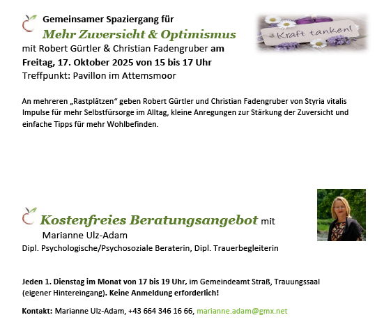 Plakat für einen Gemeinschaftsspaziergang in StraB, Steiermark. Von Robert Gurtler und Christian Fadengruber veranstaltet. Datum: 17. Oktober 2025, 15-17 Uhr. Ort: Pavillon im Attemsmoor. Bietet Tipps zur Selbstfürsorge und Optimismus. Kostenlose Beratung mit Marianne Ulz-Adam.