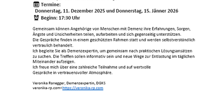 Flyer für eine Selbsthilfegruppe für Menschen mit Demenz und ihre Angehörigen. Ort, Termine und Uhrzeit sind angegeben. Der Flyer verspricht ein vertrauensvolles und unterstützendes Umfeld zum Austausch von Erfahrungen und Sorgen. Eine Demenzexpertin wird anwesend sein, um praktische Lösungen anzubieten. Kontaktinformationen sind angegeben.