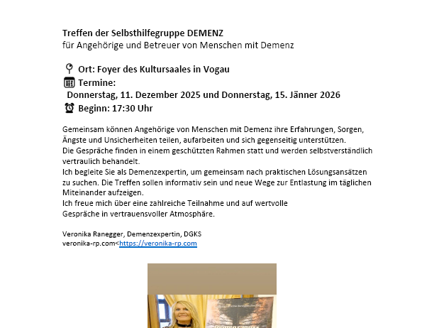 Flyer für eine Selbsthilfegruppe für Menschen mit Demenz und ihre Angehörigen. Ort, Termine und Uhrzeit sind angegeben. Der Flyer verspricht ein vertrauensvolles und unterstützendes Umfeld zum Austausch von Erfahrungen und Sorgen. Eine Demenzexpertin wird anwesend sein, um praktische Lösungen anzubieten. Kontaktinformationen sind angegeben.