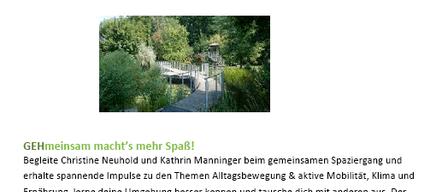 An invitation to a walking tour and breakfast event on April 18, 2026, from 8:00 to 11:00 AM, hosted by the Healthy Community Strass in Steiermark. Join Christine Neuhold and Kathrin Manninger for a guided walk, discussing topics like daily movement, active mobility, climate, and nutrition. The round trip is about 1.5 hours, barrier-free, and suitable for all ages. Participation is free.